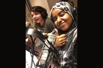 caption: Kendra Hanna and Iman Mohamed record this month's 'RadioActive' podcast.
