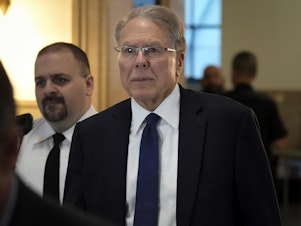 caption: Wayne LaPierre, CEO of the National Rifle Association, arrives at court in New York, Jan. 8, 2024.