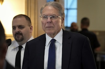 caption: Wayne LaPierre, CEO of the National Rifle Association, arrives at court in New York, Jan. 8, 2024.