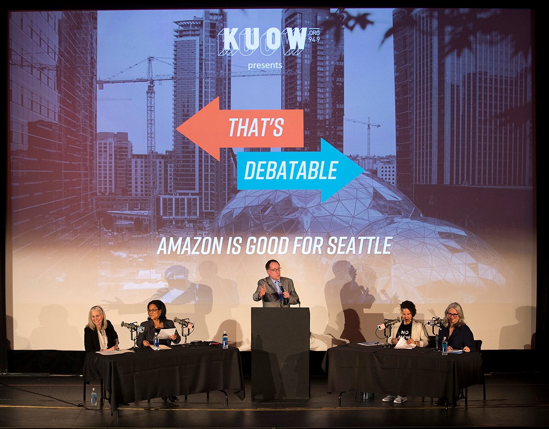 caption: 'That's Debatable' panel at the SIFF Cinema Egyptian, Wednesday, March 7, 2018, in Seattle.