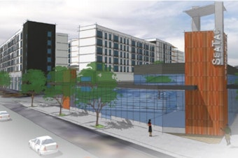 caption: An artist's perspective of the proposed development in SeaTac, WA, on the site of the existing international market SeaTac Center.