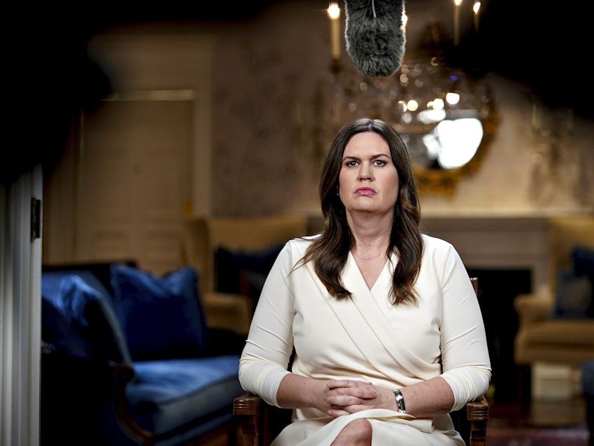 caption: Gov. Sarah Huckabee Sanders, R-Ark., waits to deliver the Republican response to President Biden's State of the Union address on Tuesday in Little Rock, Ark.