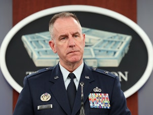 caption: Pentagon Press Secretary Air Force Brig. Gen. Patrick Ryder holds a press conference at the Pentagon on October 19, 2023 in Arlington, Va.