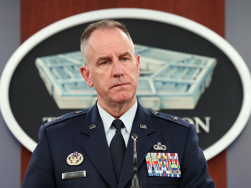 caption: Pentagon Press Secretary Air Force Brig. Gen. Patrick Ryder holds a press conference at the Pentagon on October 19, 2023 in Arlington, Va.