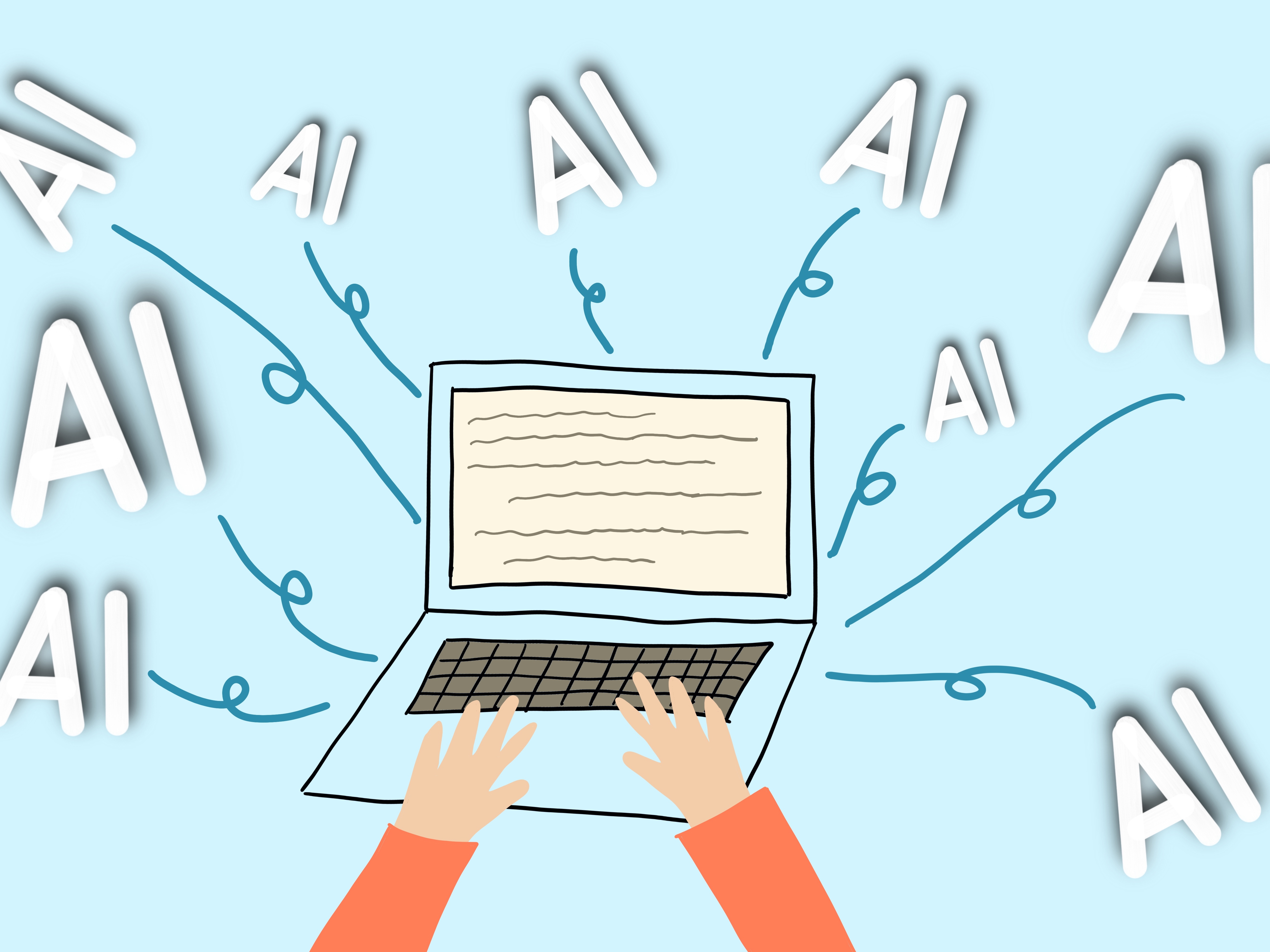 Hands typing on a laptop with the word 'AI' floating around on a light blue background. Technology and artificial intelligence concept.