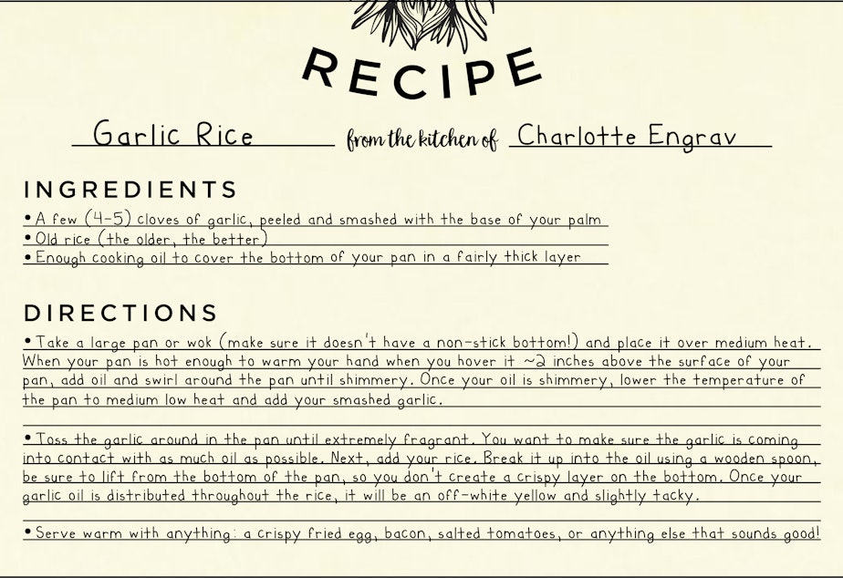 caption: Charlotte's garlic fried rice recipe.