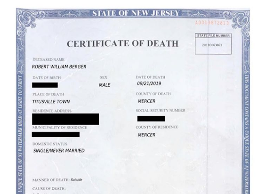 A copy of the alleged death certificate, including the spelling and font discrepancies that gave the ruse away, according to prosecutors.