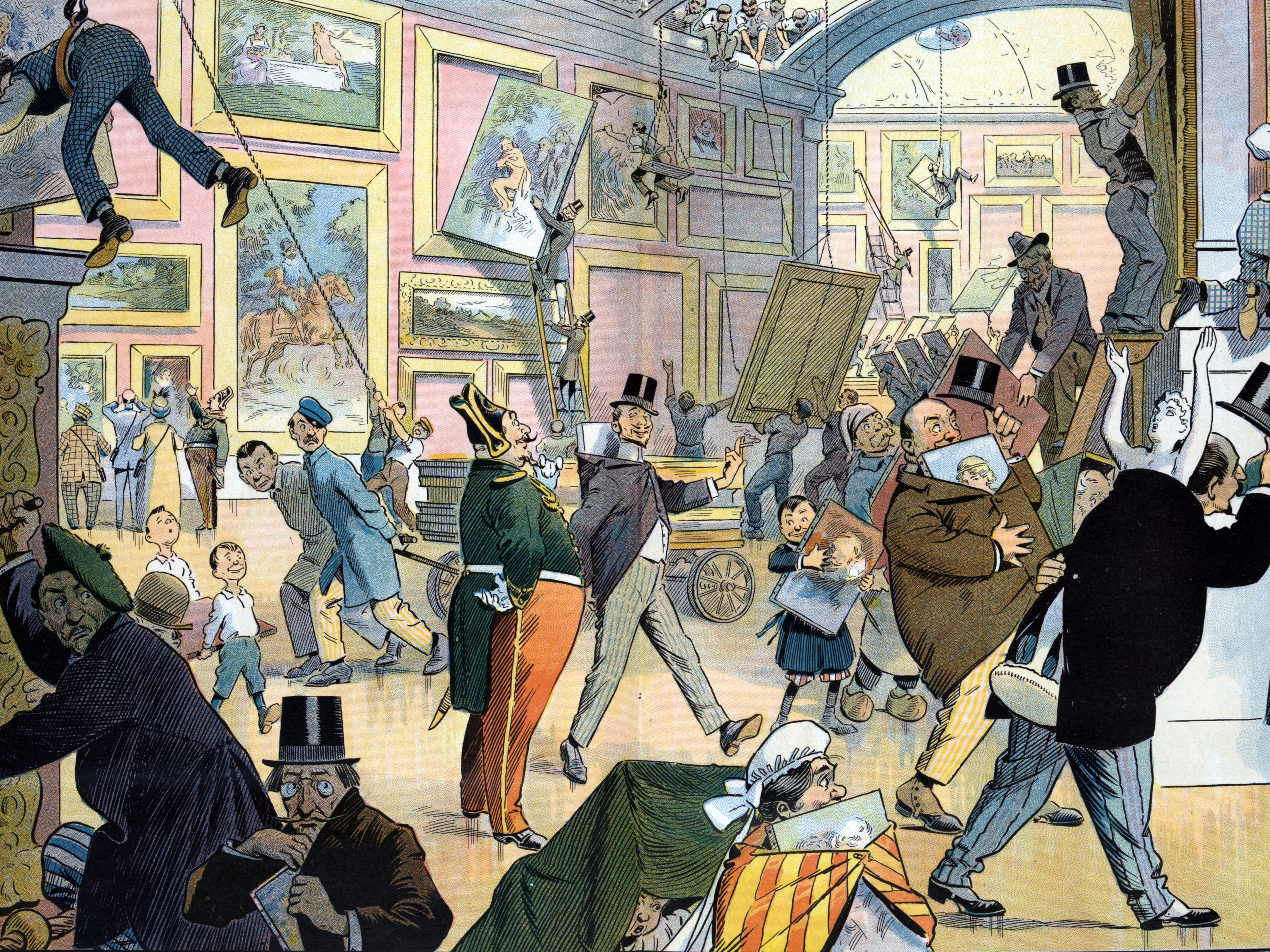 caption: <em>Daily Scene in the Louvre</em>, a 1911 cartoon by Samuel Ehrhart, shows patrons blatantly stealing works from the museum after an inventory at the time found that over 300 canvases were missing.