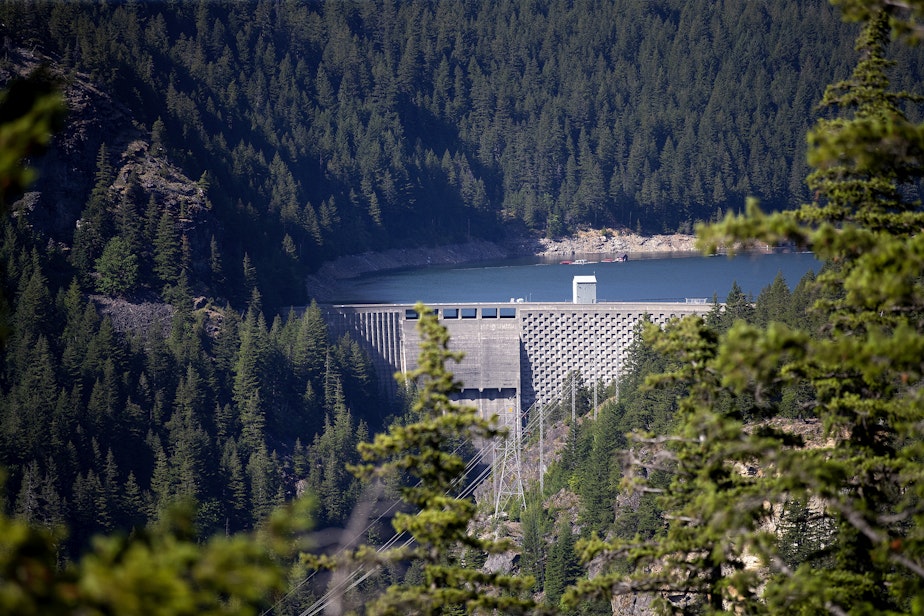 caption: A view of the upper Skagit River and Ross Dam, one of three dams in the Skagit River Hydroelectric Project supplying power to the city of Seattle, on Wednesday, June 7, 2023, in Whatcom County. 