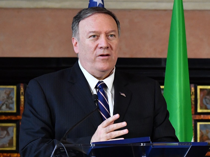 caption: Secretary of State Mike Pompeo discussed the phone call between President Trump and Ukrainian President Volodymyr Zelenskiy during a news conference in Rome on Wednesday.