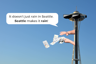 caption: An illustration showing the Seattle Space Needle wearing sunglasses and "making it rain" cash. The Space Needle is saying, "It doesn't just rain in Seattle. Seattle makes it rain!" Photos courtesy of Canva.