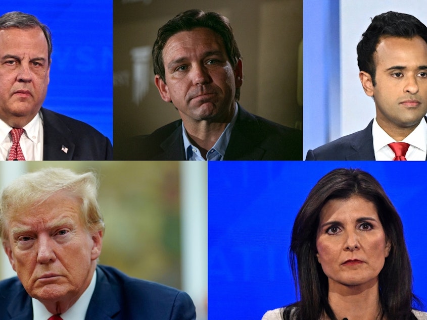 caption: Clockwise, from top left: former N.J. Gov. Chris Christie, Florida Gov. Ron DeSantis, Vivek Ramaswamy, former U.N. Ambassador Nikki Haley and former President Donald Trump.