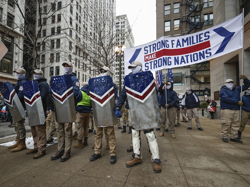 caption: The white nationalist group Patriot Front attends the March For Life on in Chicago on Jan. 8.