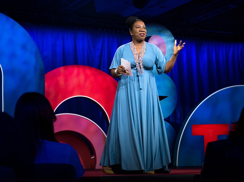 caption: Tarana Burke on the TED stage.