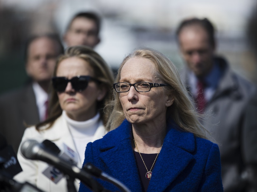 caption: Rep. Mary Gay Scanlon, D-Pa., at a news conference in Philadelphia in 2019. Now that lawmakers have left for an extended recess amid the coronavirus pandemic, Scanlon hosted a kid's town hall over the phone.