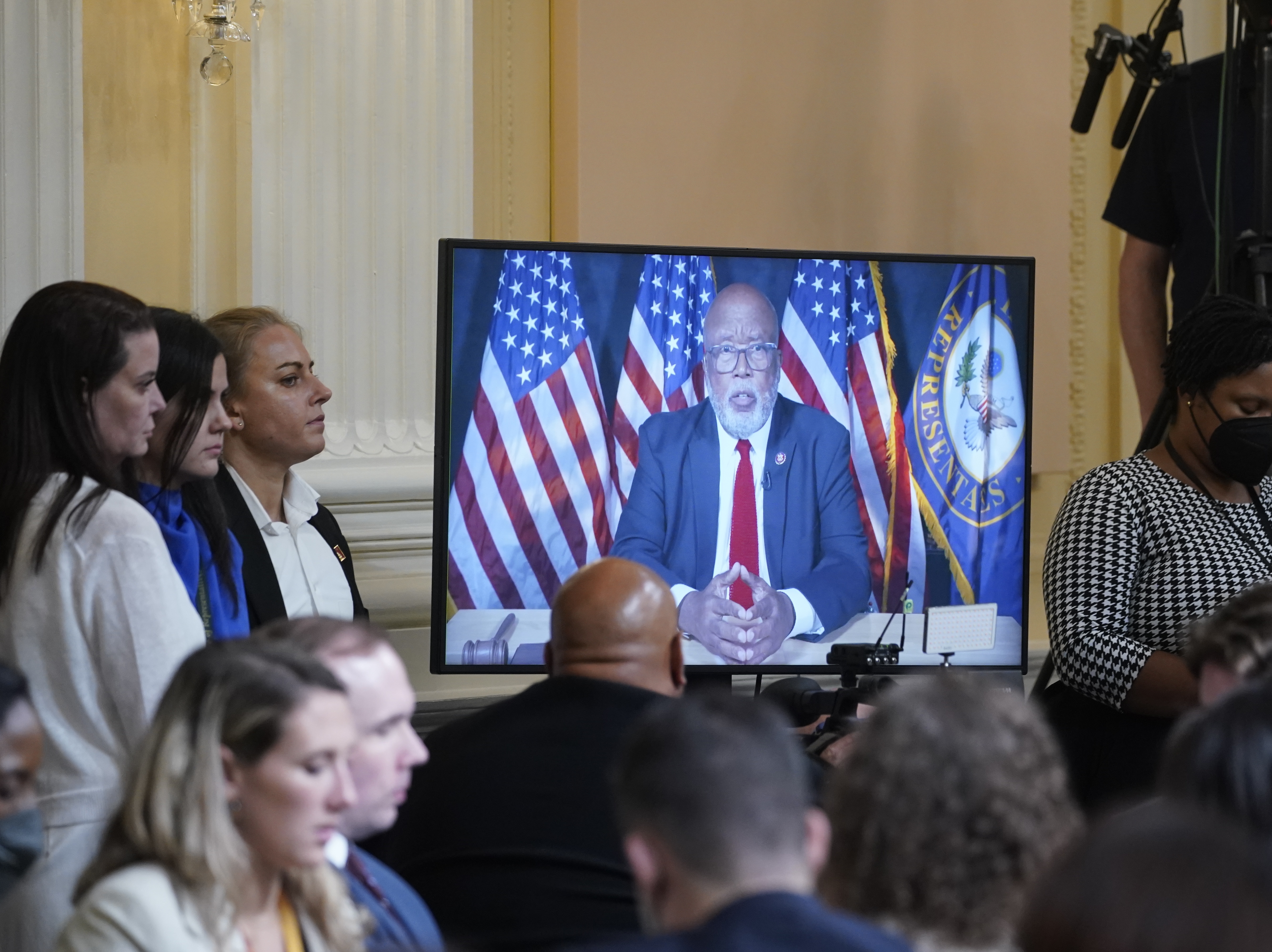 caption: Rep. Bennie Thompson, chair of the Jan. 6 Committee, speaks virtually during a hearing on July 21.