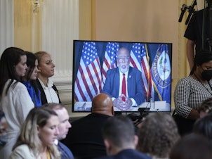 caption: Rep. Bennie Thompson, chair of the Jan. 6 Committee, speaks virtually during a hearing on July 21.