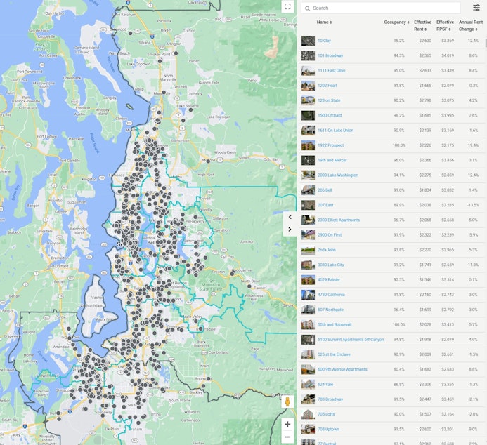 caption: A screenshot from RealPage's analysis of Seattle-area rental properties