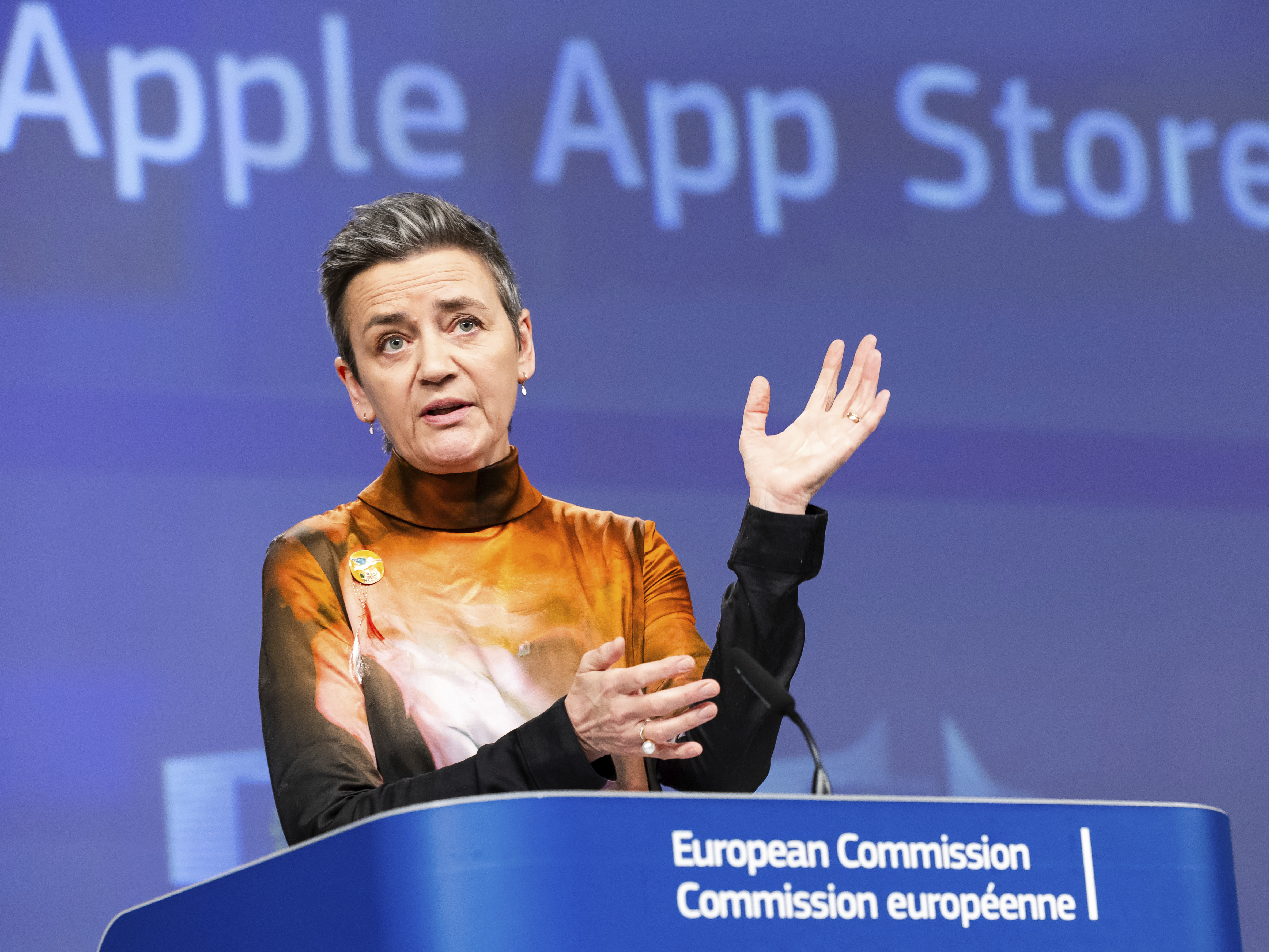 caption: EU Commission vice president Margrethe Vestager addresses the media about Apple Music streaming services at EU headquarters in Brussels on Monday.