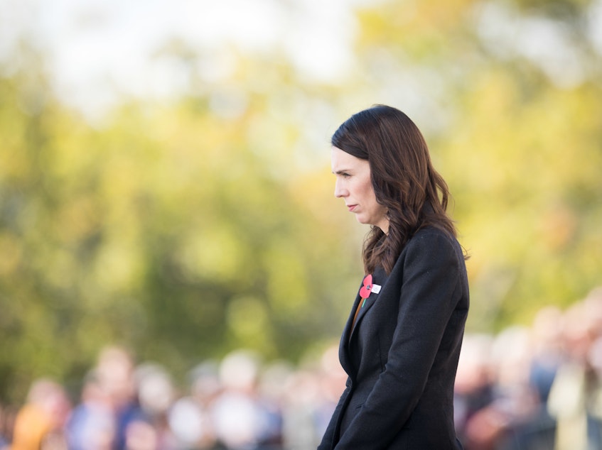 caption: New Zealand Prime Minister Jacinda Ardern is calling on governments and tech companies to do more to prevent livestreaming of terrorist attacks and the spread of such videos online. Ardern is seen here laying a wreath at the Auckland War Memorial Museum in Auckland last month.