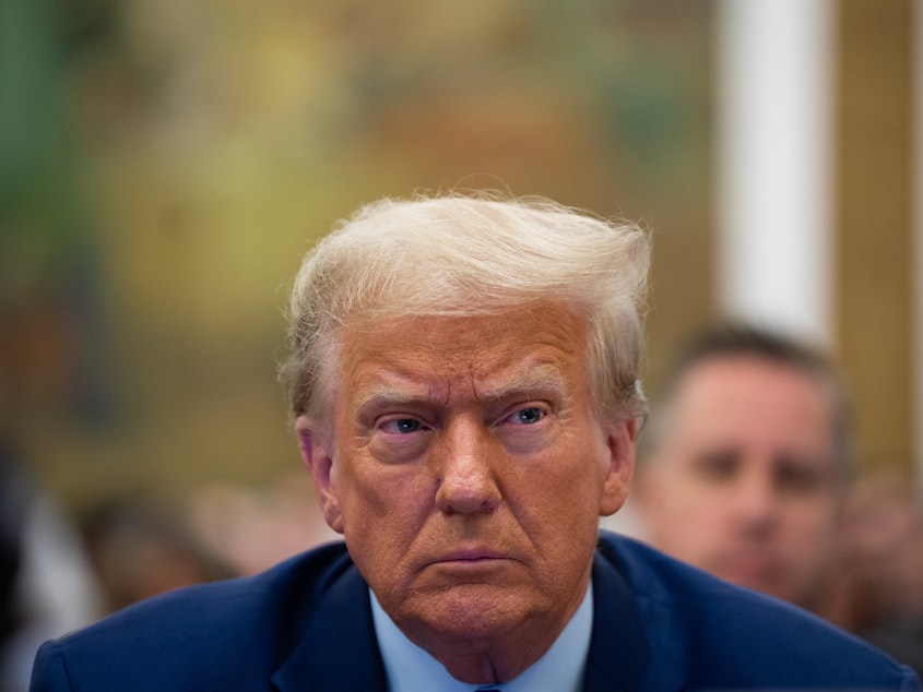 caption: Former President Donald Trump during a trial in New York on Tuesday. A judge in a different case — happening in Washington, D.C. — issued a limited gag order that the ACLU said sweeps too broadly in restraining Trump's speech.