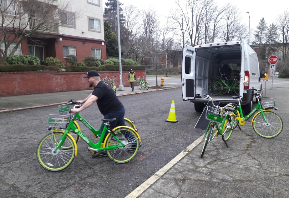 caption: Limebike employees relocate bikes so that they're legally parked.
