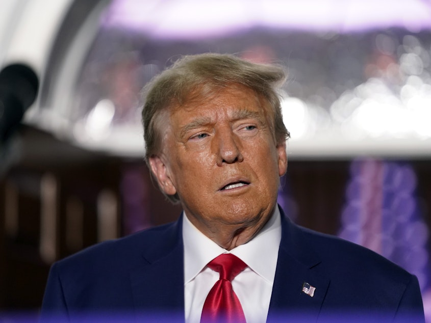 caption: Former President Donald Trump speaks at Trump National Golf Club in Bedminster, N.J., on June 13 after pleading not guilty in a Miami courtroom earlier in the day to mishandling classified documents.