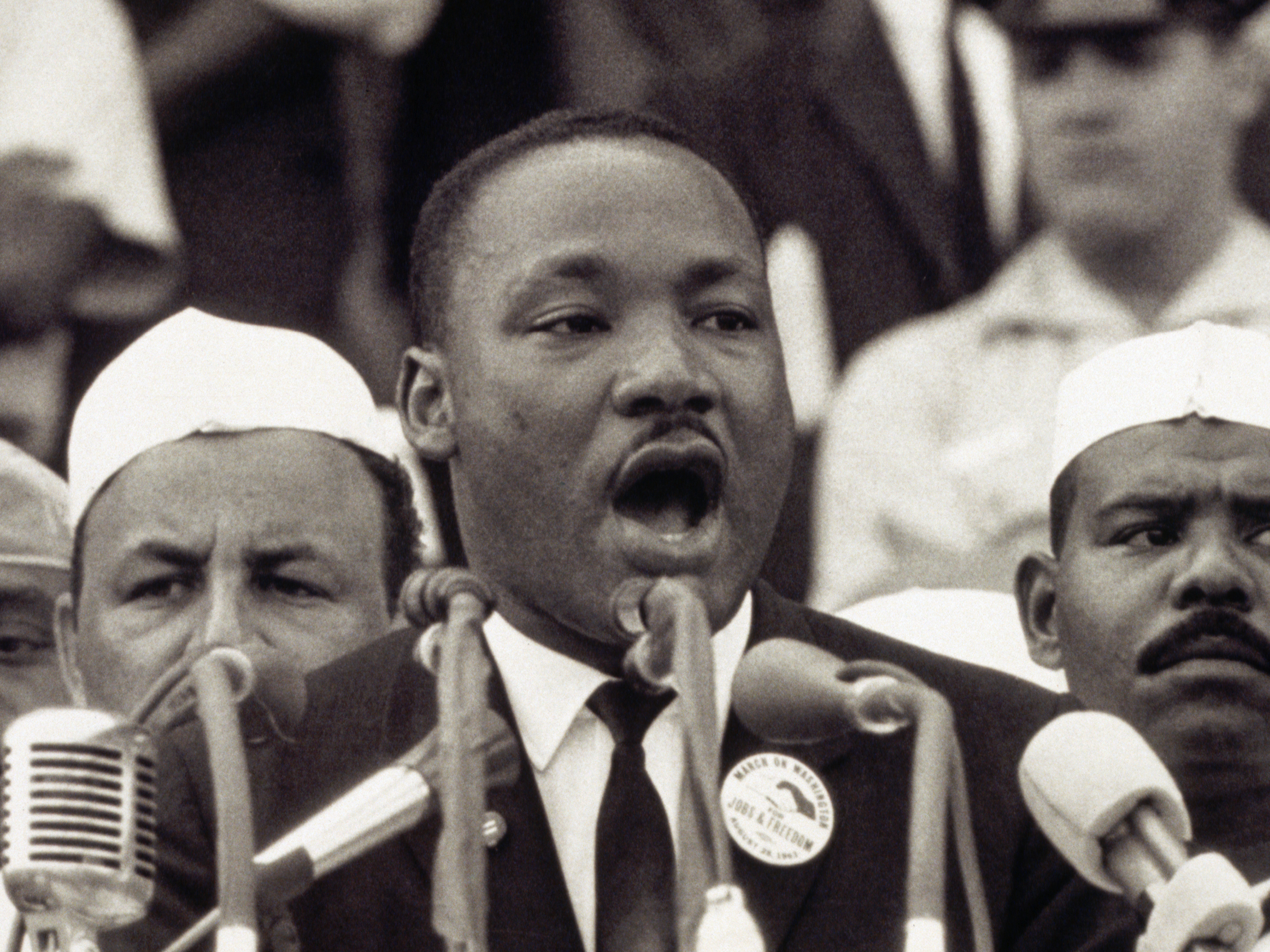 caption: Martin Luther King Jr. gives his "I Have a Dream" speech to a crowd at the Lincoln Memorial during the March on Washington on Aug. 28, 1963.