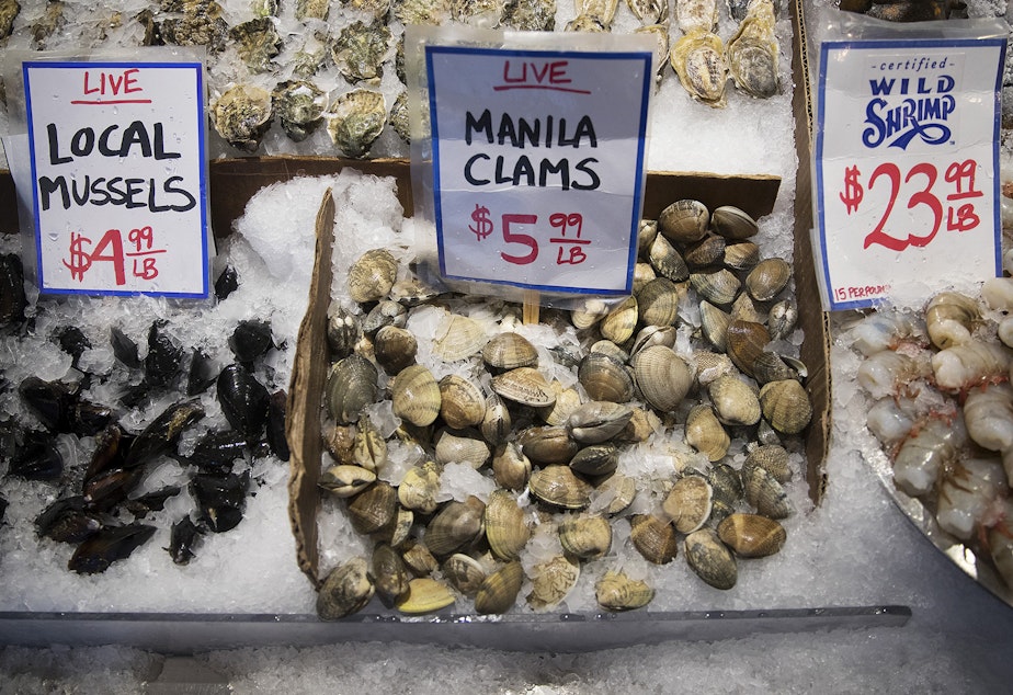caption: Oysters, mussels and clams are shown on Tuesday, January 9, 2018, at City Fish Co. at Pike Place Market in Seattle. 