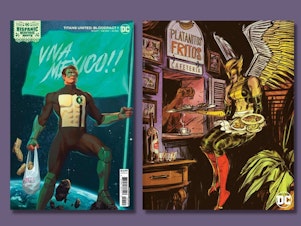 caption: DC Comics covers featuring Green Lantern holding tamales, Hawkwoman holding platanos fritos, and Blue Beetle holding tacos.