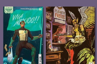 caption: DC Comics covers featuring Green Lantern holding tamales, Hawkwoman holding platanos fritos, and Blue Beetle holding tacos.