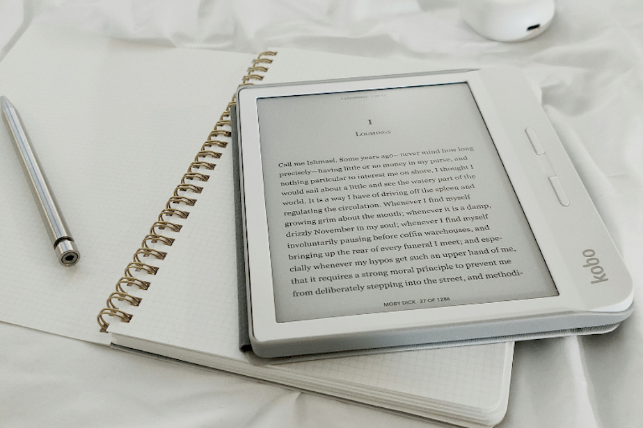 caption: An eBook of "Moby Dick" on a digital reader. 