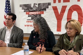 caption: From left, Mexican Sen. Israel Zamora, United Farm Workers President Teresa Romero and Sen. Bertha Alicia Caraveo hold a press conference Monday, Jan. 27, after meeting with dairy workers. They shared stories of poor working conditions on farms.