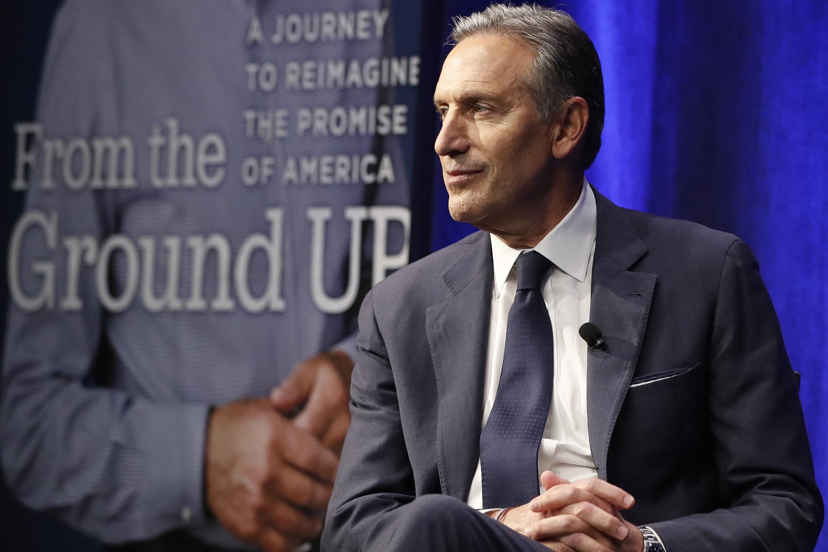 caption: Former Starbucks CEO and Chairman Howard Schultz looks out at the audience during the kickoff event of his book promotion tour Monday, Jan. 28, 2019, in New York. Democrats across the political spectrum lashed out at the billionaire businessman on Monday after he teased the prospect of an independent 2020 bid, a move Democrats fear would split their vote and all but ensure President Donald Trump's re-election. (Kathy Willens/AP)