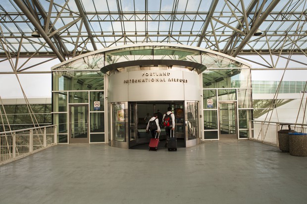 caption: Outside of the Portland International Airport's Skywalk entrance.