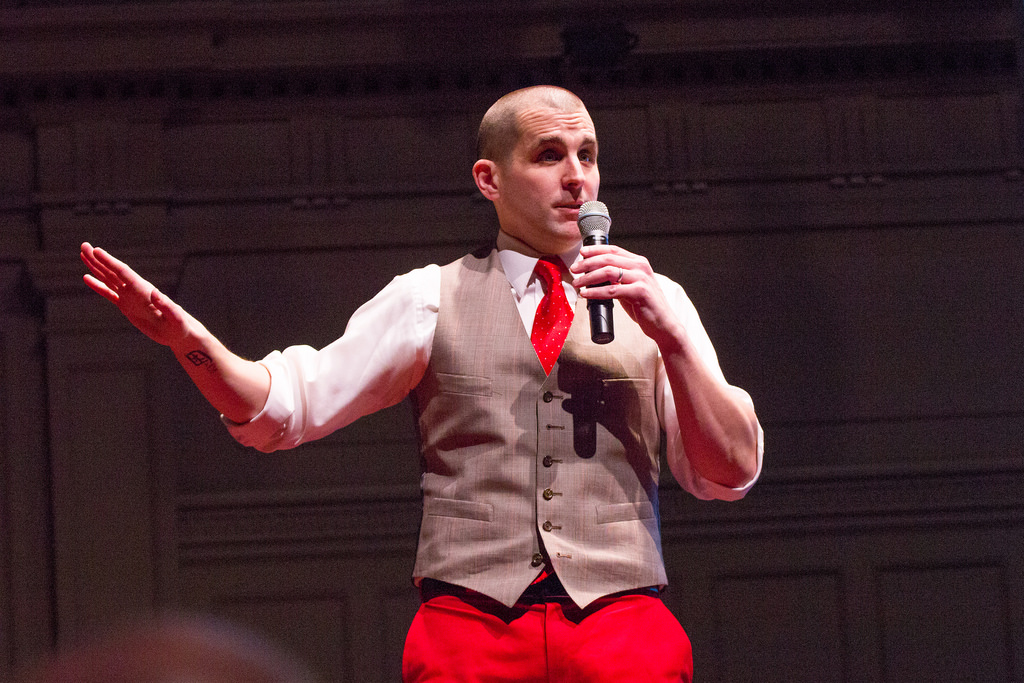 caption: Emcee Scott Berkun at Ignite 26 on Feb. 18, 2015, at Seattle's Town Hall.