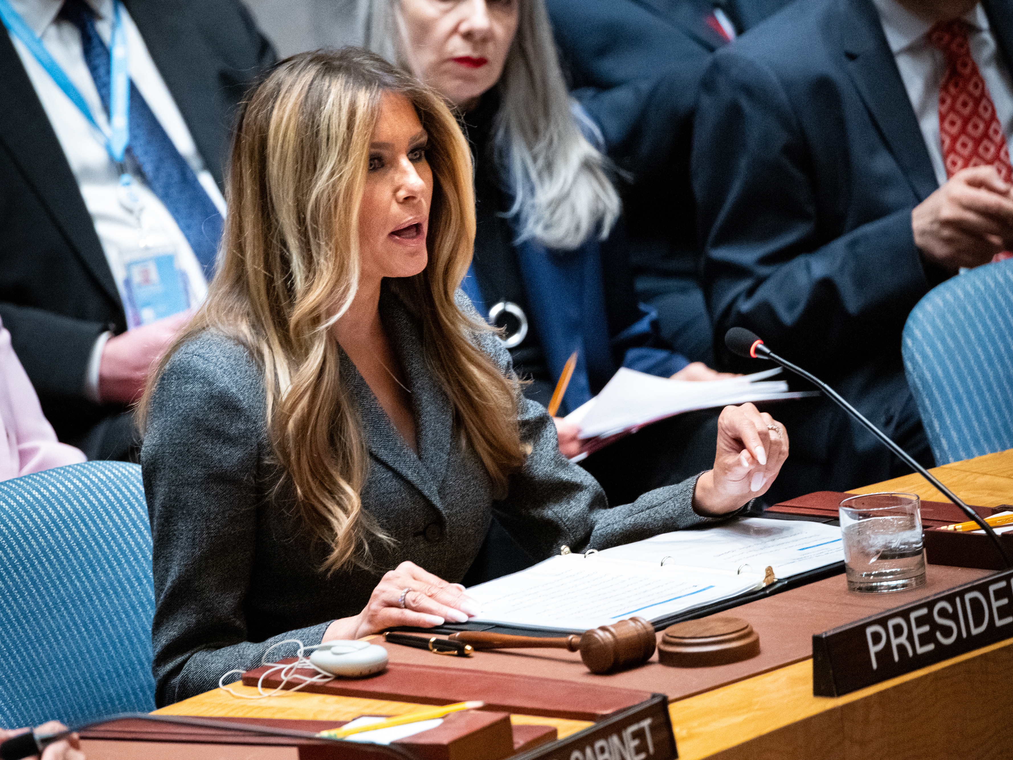 caption: First lady Melania Trump presides over the United Nations Security Council at United Nations headquarters, Monday, March 2, 2026.