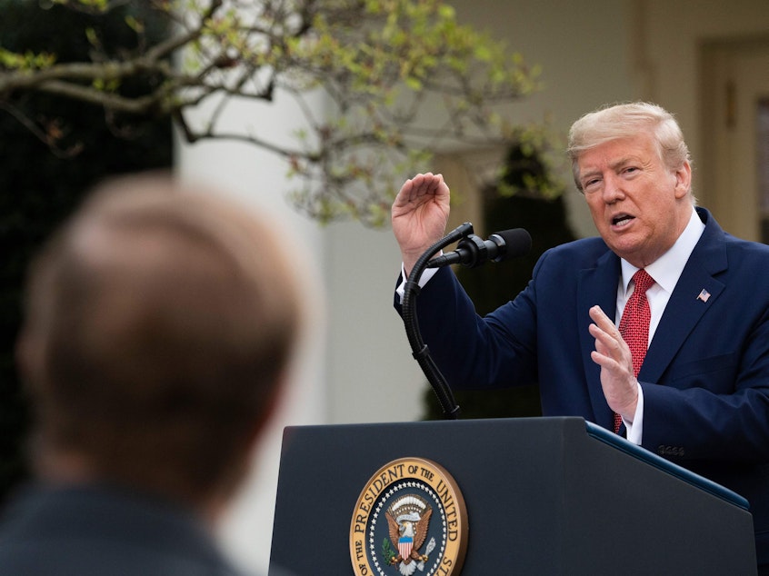 caption: President Trump speaks in the Rose Garden for the daily coronavirus briefing at the White House on Sunday.
