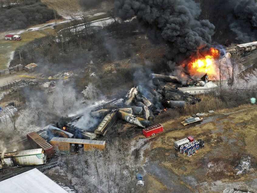 caption: Portions of a Norfolk Southern freight train remained on fire Feb. 4 after derailing the previous day in East Palestine, Ohio.