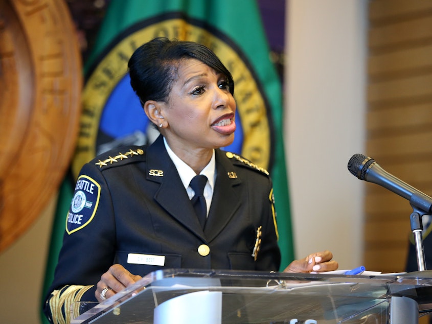 caption: Seattle Police Chief Carmen Best announces her resignation at a press conference at Seattle City Hall on Aug. 11. Her departure comes after months of protests against police brutality and votes by the city council to defund her department.