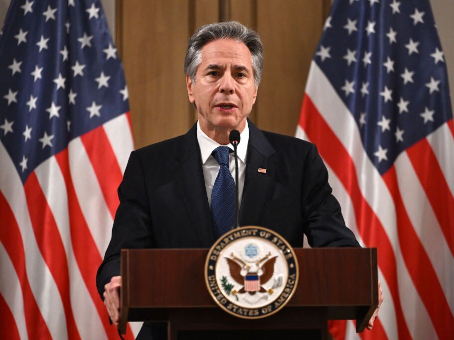 caption: US Secretary of State Antony Blinken delivers a statement to the press after the meeting with the foreign ministers of the Arab Contact Group on Syria in Jordan's southern city of Aqaba on Saturday.