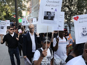 caption: Nationally, drug overdose deaths reached record levels in 2017, when a group protested in New York City on Overdose Awareness Day on August 31. Deaths appear to have declined slightly in 2018, based on provisional numbers, but nearly 68,000 people still died.