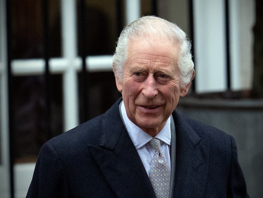 caption: King Charles III departs after receiving treatment for an enlarged prostate at The London Clinic on Jan. 29.