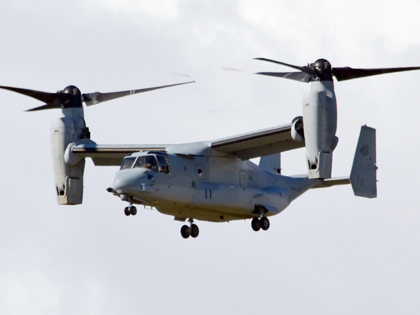 caption: One of two MV22 Osprey tilt-rotor transport aircraft arrives at the Futenma Air Station in Okinawa Prefecture on Aug. 3, 2013.
