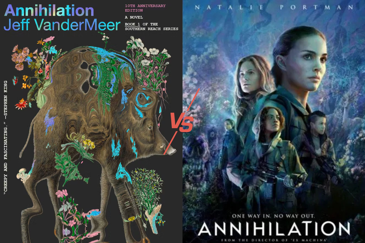 caption: The cover of Jeff VanderMeer's novel "Annihilation" beside the movie poster for the film adaptation, starring Natalie Portman.