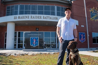 caption: Nick Jones at Marine Corps Base Camp Lejeune in Jacksonville, N.C., on Nov. 8 with his dog Fletcher. This Veterans Day will be Nick's first day as a civilian upon leaving the Marine Corps.