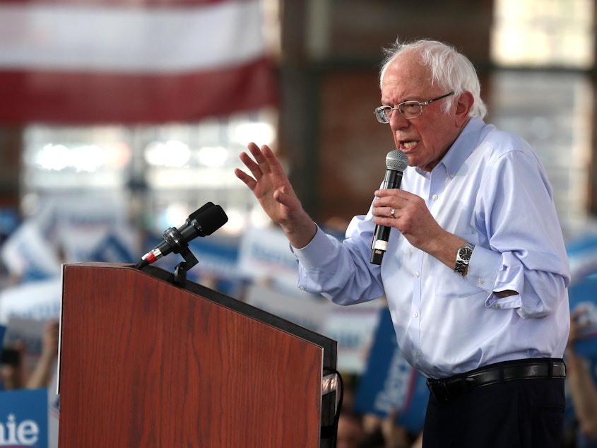 caption: Democratic presidential candidate Sen. Bernie Sanders speaks during a campaign event on Monday in Richmond, Calif.