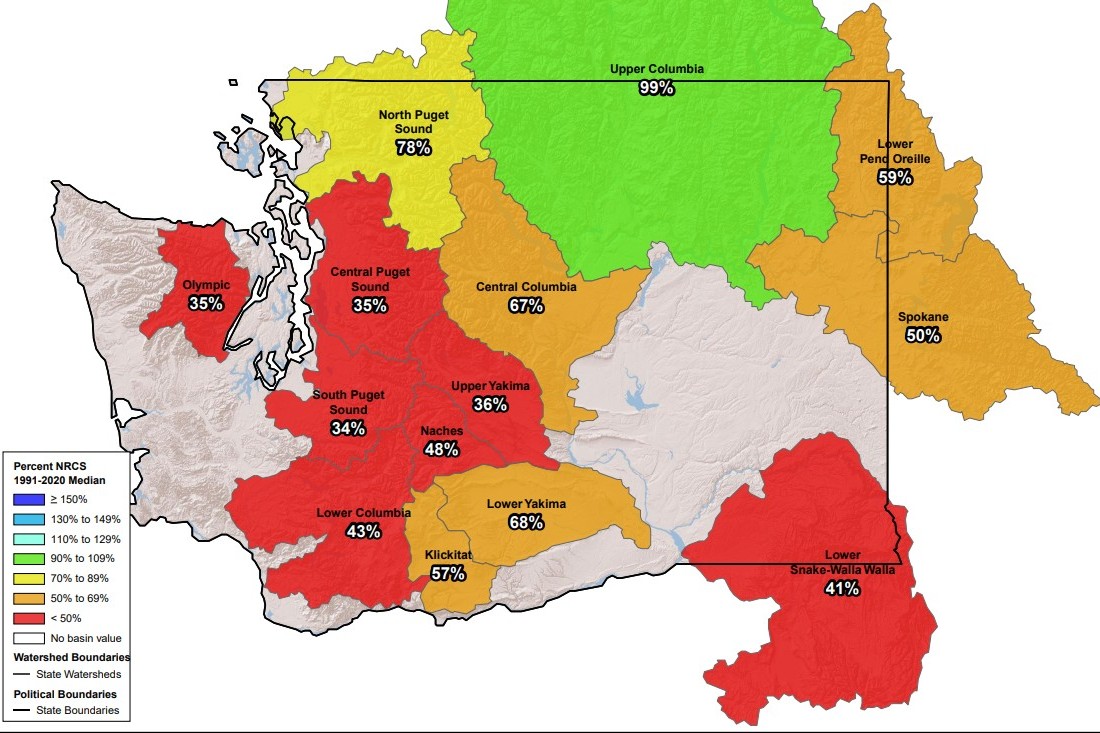 caption: Snowpack was far below normal in most of Washington state on Feb. 5, 2026.