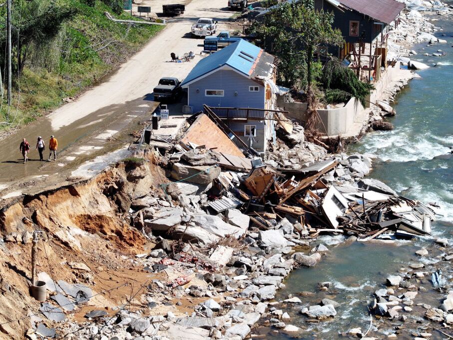 caption: Heavy rain from Hurricane Helene caused destructive flooding in North Carolina this year. A new study from the United Nations Environment Programme shows the world is on track for more severe climate impacts, like severe storms and extreme rain.