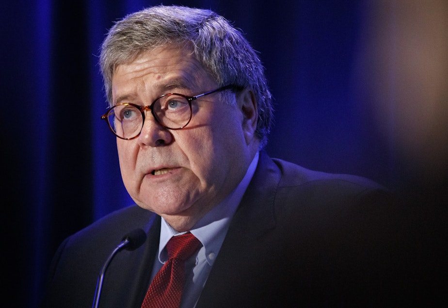 caption: Attorney General William Barr announced an update in the investigation of the deadly shooting last month at a naval base in Pensacola, Fla. He said Monday: "This was an act of terrorism."